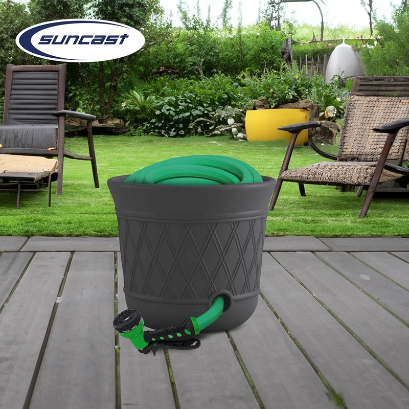 suncast Lattice Hose Pot for Outdoor Garden Storage, Peppercorn - Holds 300 ft Expandable or 50 ft Standard 5/8" Vinyl Hoses, Resin Hideaway Organizer with Drainage and Water Supply Port - Image 4